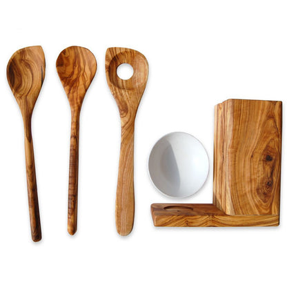 OLIVENHOLZ ERLEBEN Kochlöffel-Set mit Utensilienbehälter