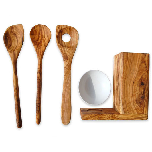 OLIVENHOLZ ERLEBEN Kochlöffel-Set mit Utensilienbehälter